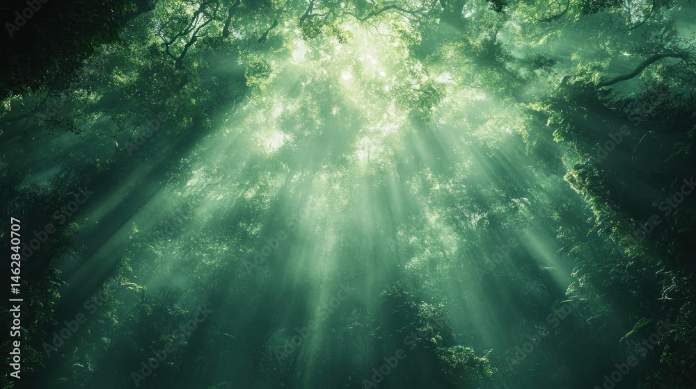 Fototapeta premium Sunbeams through forest canopy, nature scene