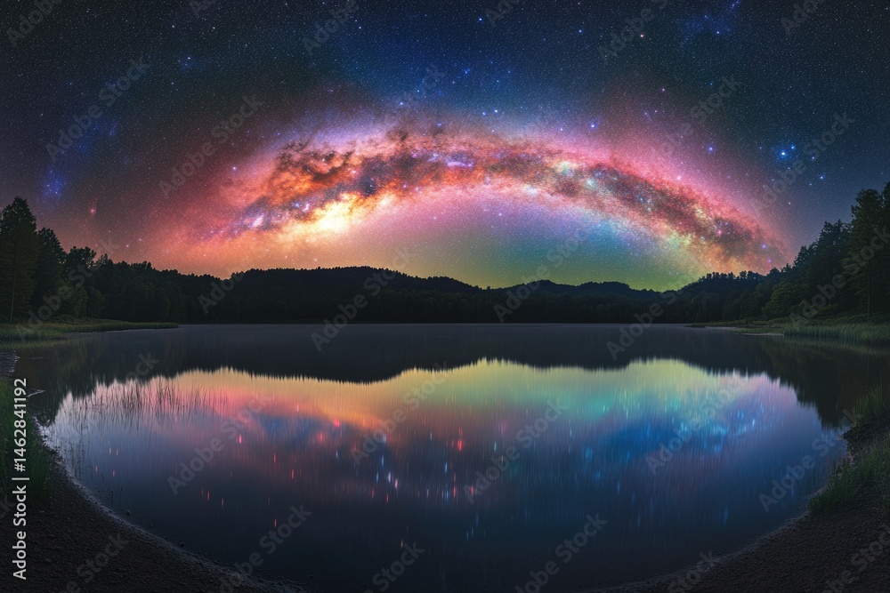 Fototapeta premium Milky Way arching over a serene lake, reflected in still water under a starlit sky.