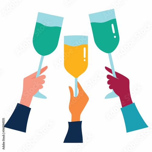 minimalist style, three arms holding champagne flutes, simple flat color blocks, turquoise, green, yellow, modern, abstract, elegant, celebration
