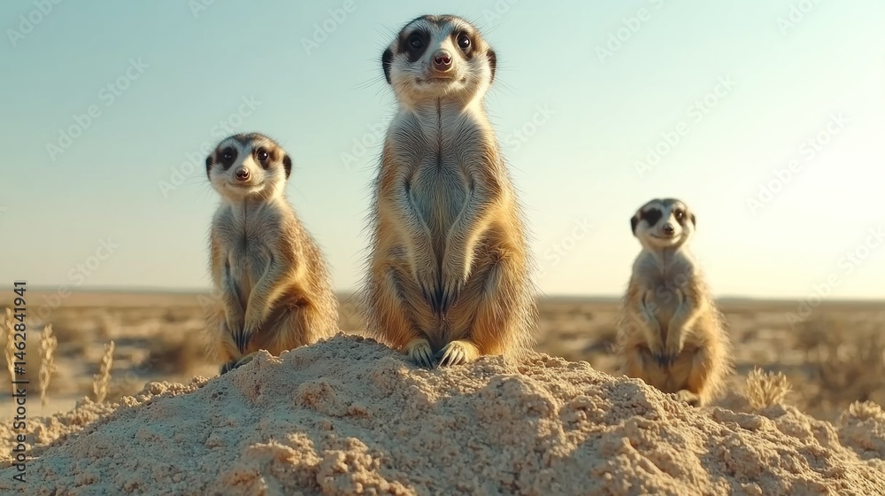 Fototapeta premium Three meerkats on sand mound, desert background, wildlife documentary