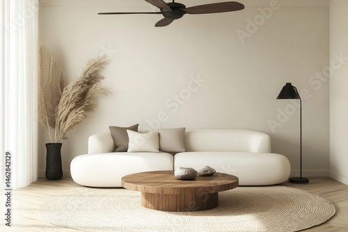 A minimalist, beige living room with a comfortable, rounded sofa, a wooden coffee table, and a neutral color scheme.  A ceiling fan, pampas grass, and a floor lamp add to the warm and airy atmosphere