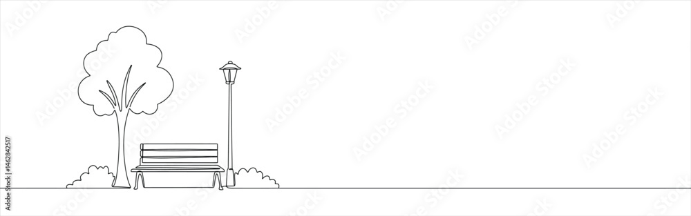 Bench in park near tree and lantern continuous one line drawing. Bench in park near tree and lantern continuous one line drawing.