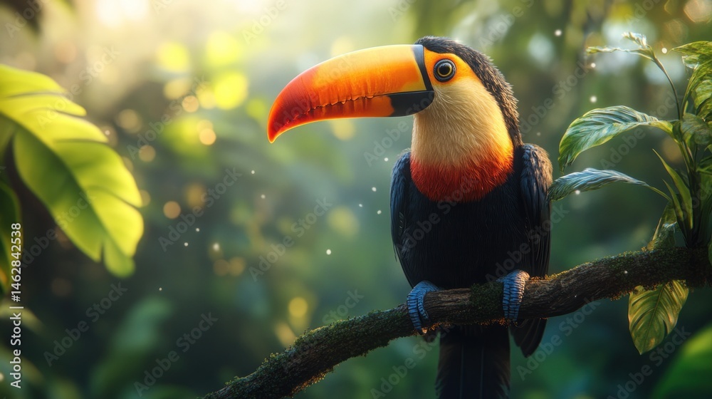 Fototapeta premium Toucan perched on branch, rainforest sunrise