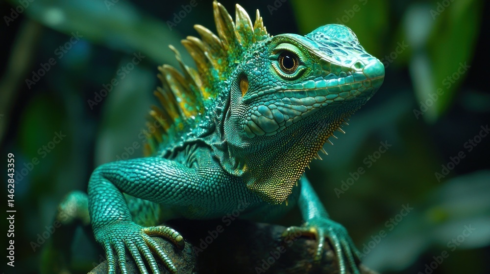 Fototapeta premium Turquoise lizard perched on rock, lush foliage background; nature photography