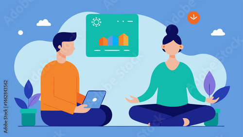 Mental Fitness Moment A calm setting where a trainer guides a client through meditation with biomarker metrics displaying stress levels and suggesting mindfulness techniques.