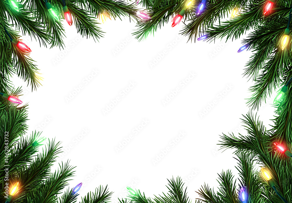 Christmas frame made of green Christmas tree branches with colorful lights on a transparent background, with white space in the middle for text or a photo. Christmas frame made of green Christmas tree branches with colorful lights on a transparent background, with white space in the middle for text or a photo.