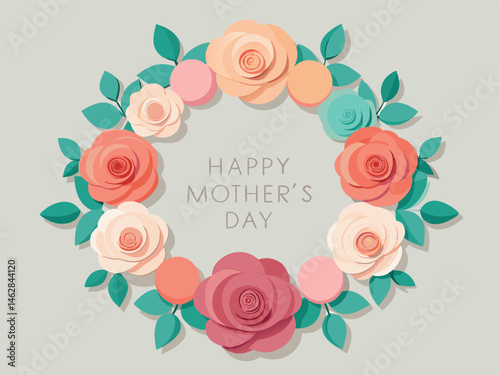 floral wreath, Happy Mother's Day text, pastel colors, soft roses, leaves, elegant, detailed, photorealistic
