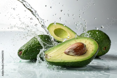 Fresh Avocado Halves Splash in Water Droplets for Vibrant Scene Generative AI