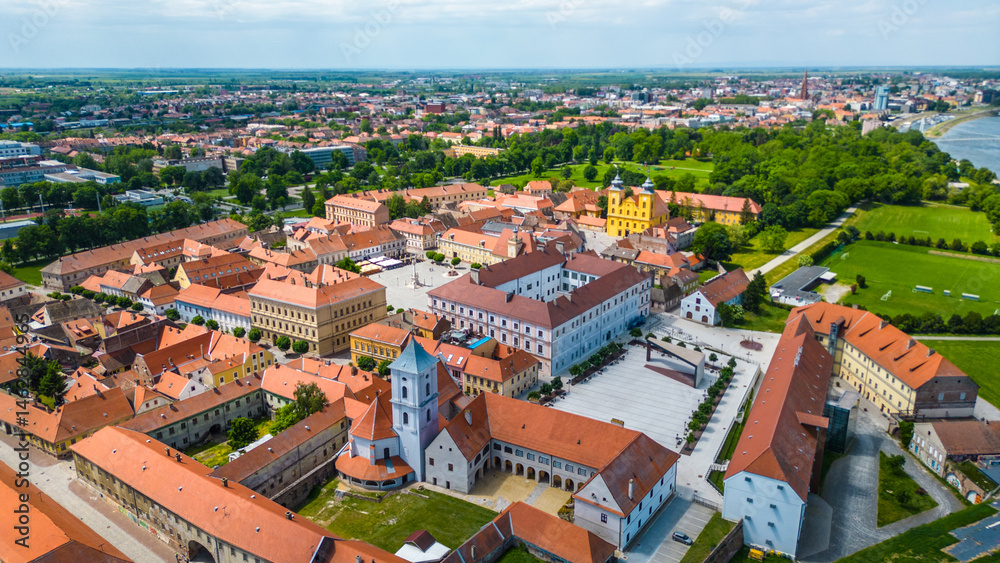 Obraz premium Aerial view of Tvrđa (Fortress), Osijek – a stunning Baroque fortress complex showcasing remarkable old architecture and historic charm, nestled along the Drava River in eastern Croatia