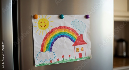 Child's colorful drawing of a rainbow and house on fridge  