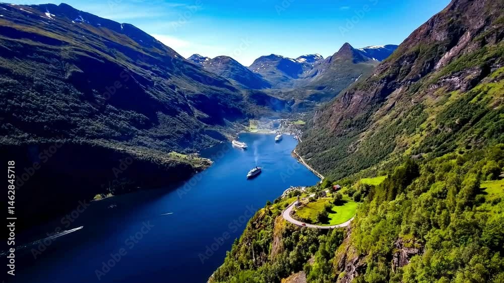 Majestic Fjord Landscape with Cruise Ships and Winding Road
