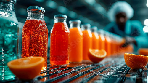 Close-up of orange soda bottles on a conveyor in a beverage production line, with fresh oranges and water splashes