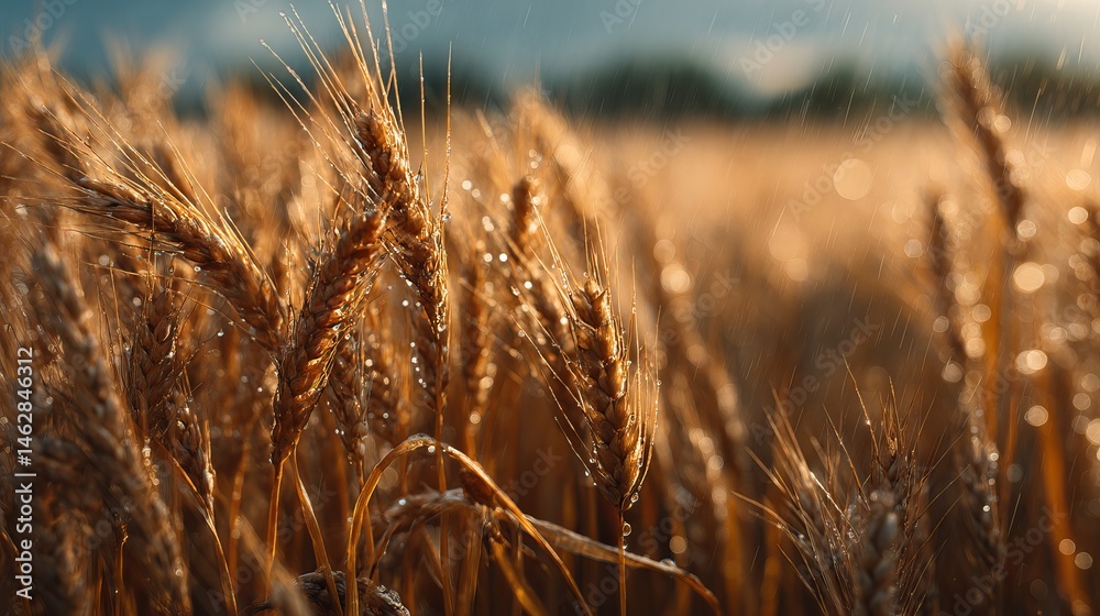 Fototapeta premium Golden Wheat Field Rain Drops Summer Nature Photography Rural Scenery Agricultural Landscape Beautiful Harvest Season Golden Hour Sunlit 