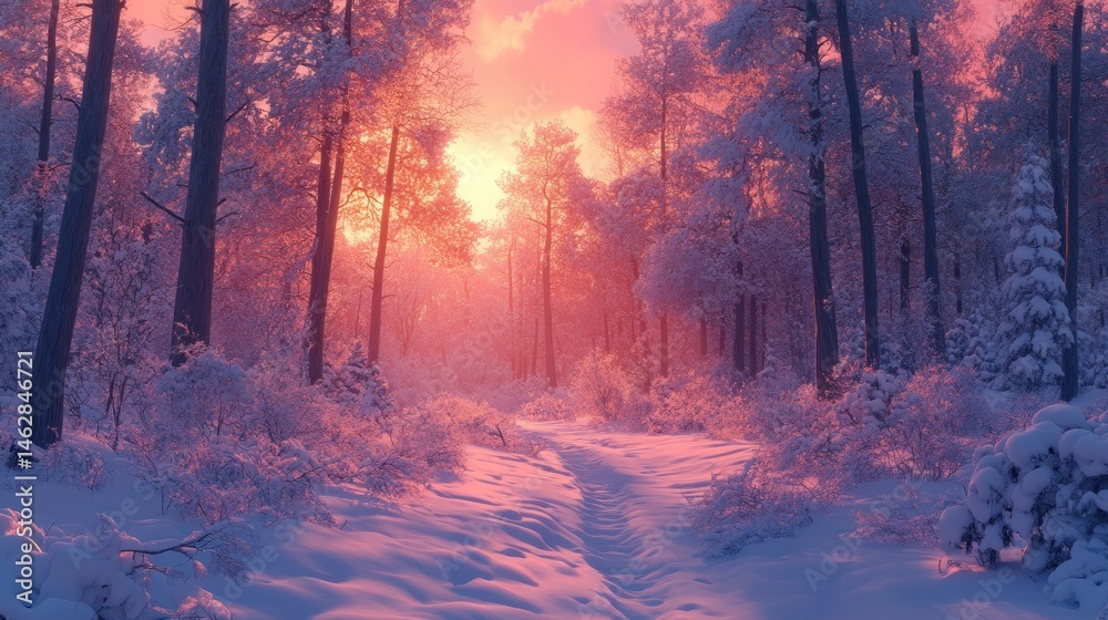 custom made wallpaper toronto digitalWinter sunset in snowy pine forest, tranquil path