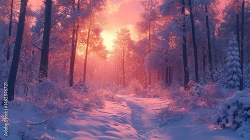 Wallpaper Mural Winter sunset in snowy pine forest, tranquil path Torontodigital.ca