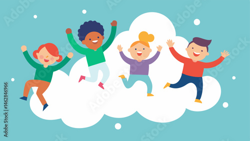 Joyful Jumpers A group of diverse characters wearing colorful outfits joyfully bouncing off large fluffy white clouds. Each character is midjump with arms raised and wide smiles