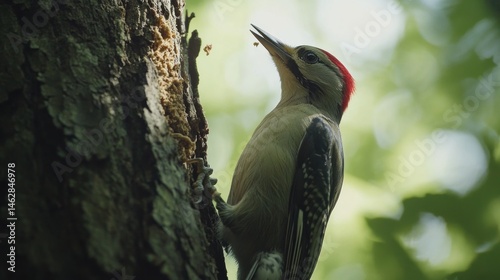 Wallpaper Mural Woodpecker foraging on tree, forest background, nature wildlife Torontodigital.ca