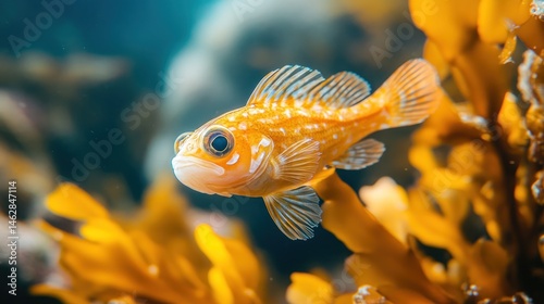 Wallpaper Mural Yellow fish swims kelp forest, ocean background; underwater nature Torontodigital.ca