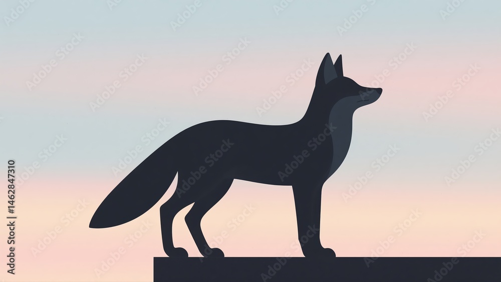 Fototapeta premium Dramatic Silhouette of a Standing Fox Against a Gradient Sky, Digital Illustration with Minimalist Style and Calm Atmosphere, Serene Wildlife Art 8K