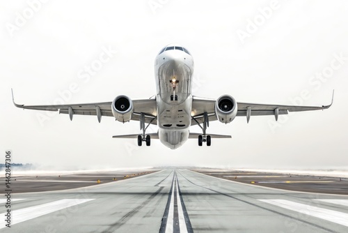 Silver Airplane Takes off Against a White Background Generative AI