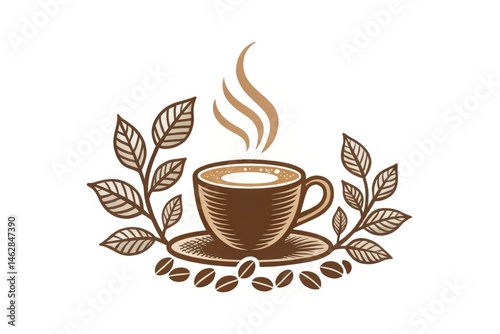 Brown Coffee Cup Logo With Steam and Leaves Design Generative AI
