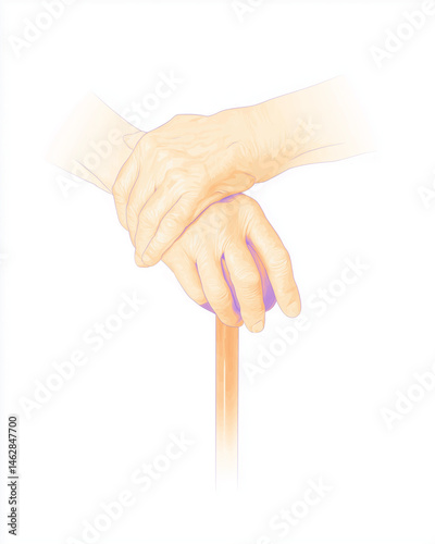 Elderly hands resting on a cane, symbolizing support and stability with copy space