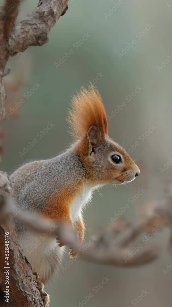 Charming reddish brown squirrel perched on a tree branch, looking alert and attentive in its natural habitat, close up portrait.