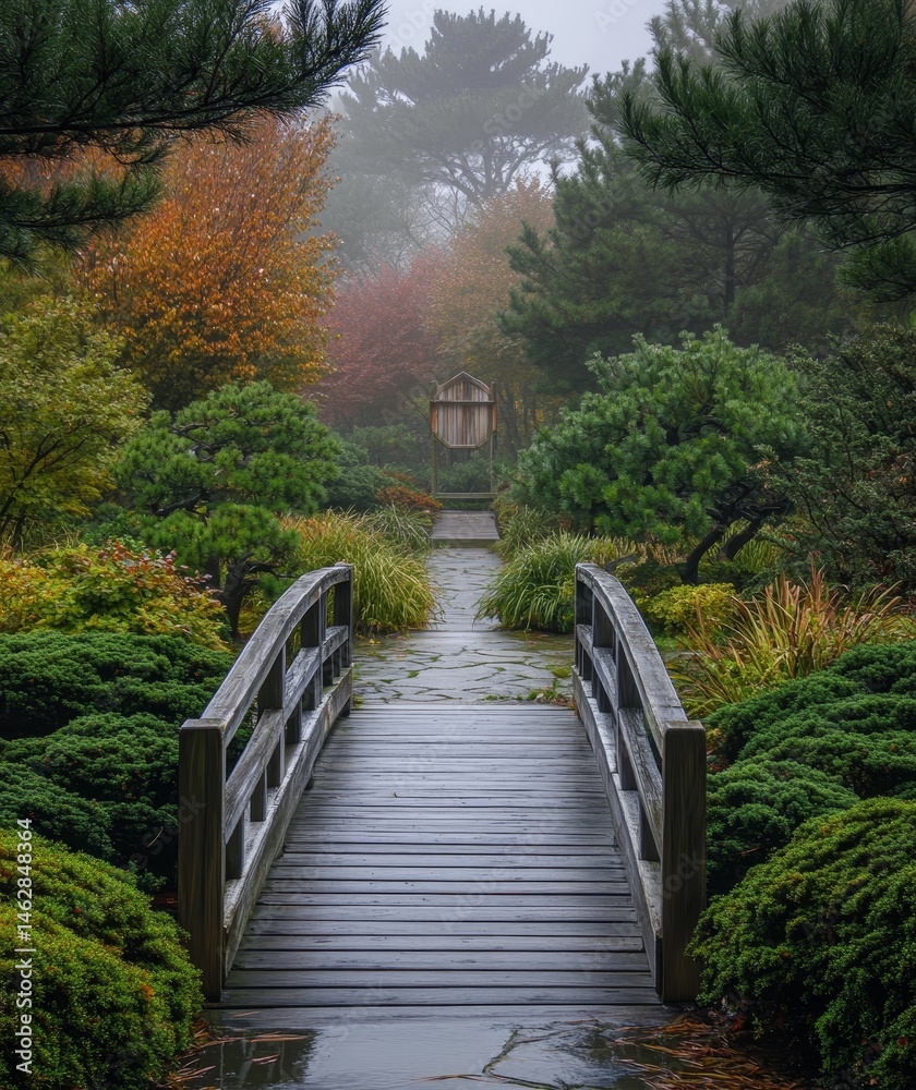 Fototapeta premium A misty dawn at the wooden footbridge in a Japanese garden