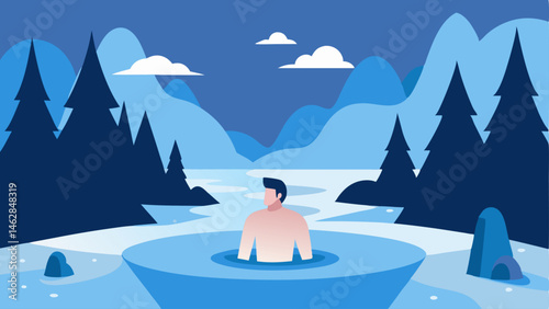 Nature Backdrop A tranquil outdoor scene with a biohacker in a cold plunge surrounded by icy rocks and a serene forest setting.
