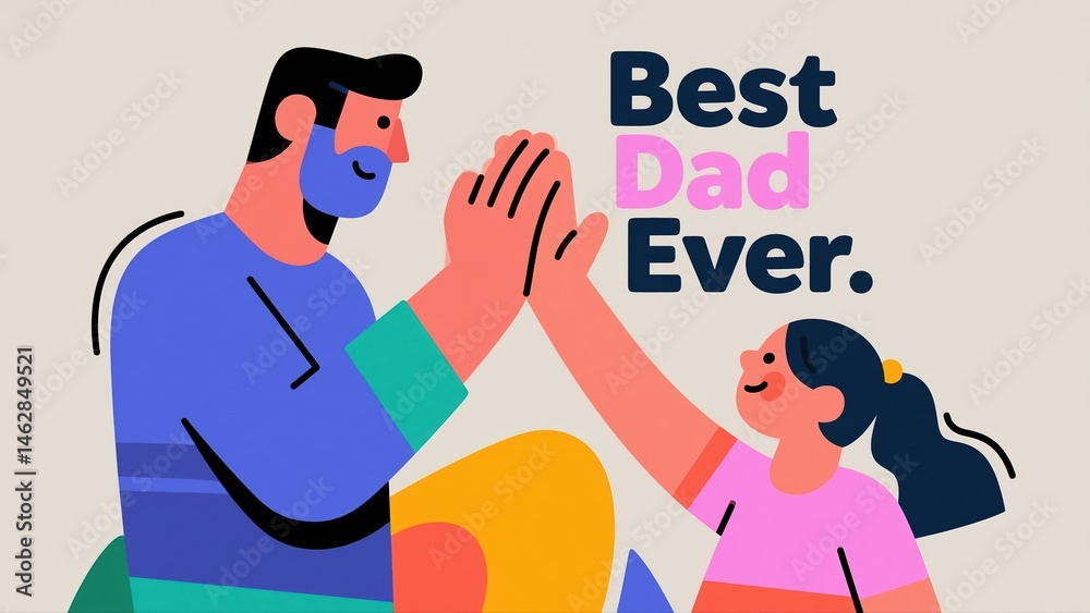 Naklejka premium A colorful cartoon illustration showcases a Father's Day theme, depicting a father and daughter giving each other a high-five alongside the words 
