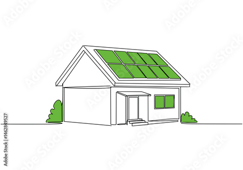 Simple line art of an eco-friendly house with solar panels on the roof. Minimalist concept of sustainable living, green energy, and environmentally conscious architecture.