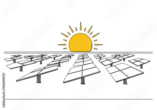 Solar panels and sunrise – renewable energy concept in line art