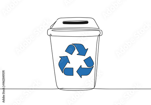 "Minimal recycle bin icon – blue recycling symbol on waste container in one line art style