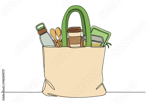 Minimal continuous one-line vector illustration of a reusable shopping bag with eco-friendly items: water bottle, utensils, coffee cup, and containers, symbolizing zero waste and sustainable lifestyle