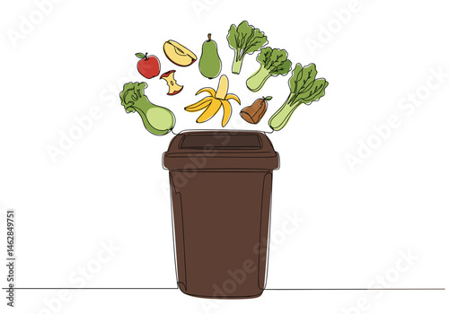 Continuous one-line vector illustration of a brown compost bin with flying vegetable and fruit scraps, symbolizing food waste separation and eco-friendly composting