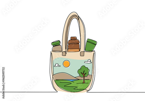 Continuous one-line vector illustration of a reusable shopping bag filled with jars and containers, featuring an eco landscape design symbolizing sustainable shopping and zero waste lifestyle