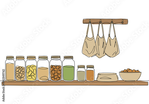 Continuous one-line vector illustration of a zero waste kitchen shelf with glass jars, reusable bags and natural products, promoting sustainable living and eco-conscious food storage