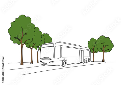 Continuous one-line vector illustration of an eco-friendly city bus on a green street with trees, symbolizing sustainable public transport and urban environmental responsibility