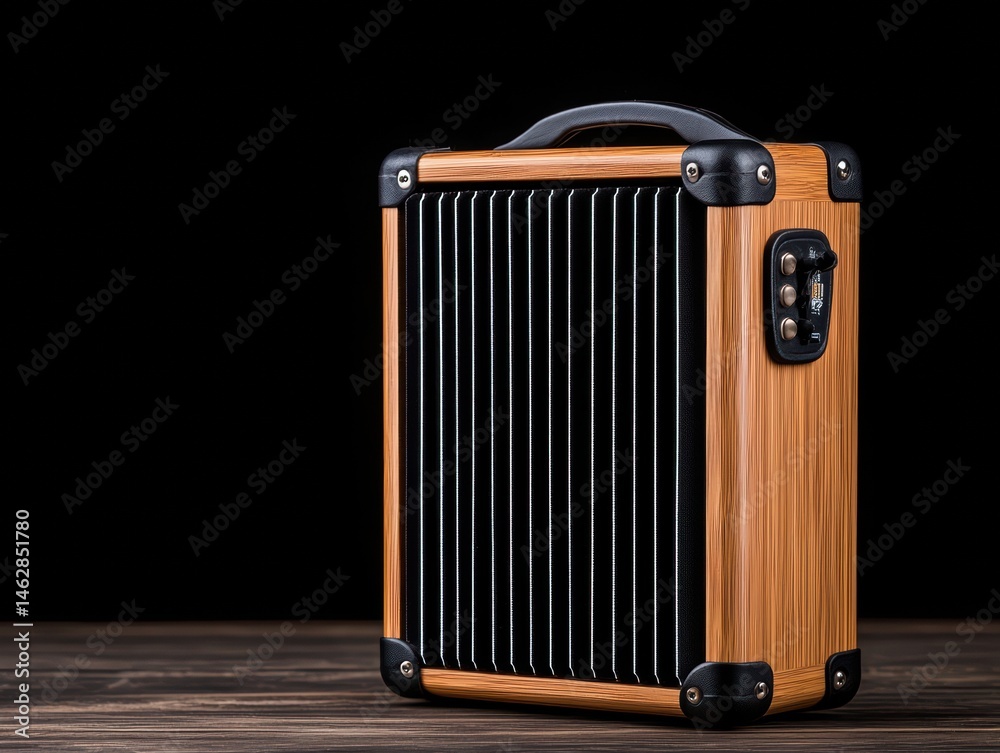 Fototapeta premium Portable Speaker on Wooden Surface