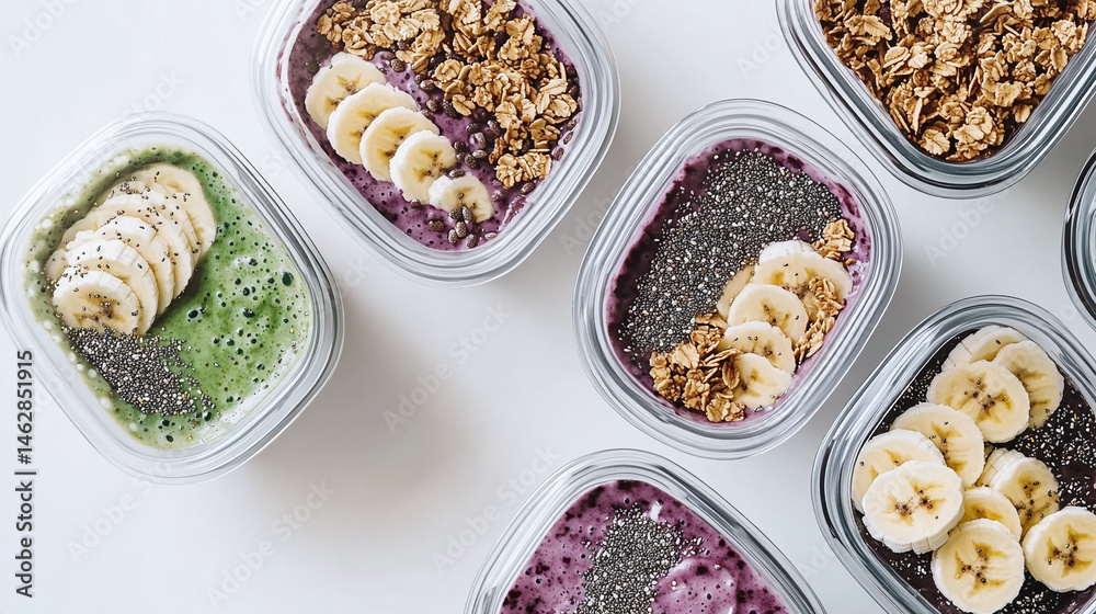 Top-down view of several individual containers holding colorful breakfast bowls.  The bowls are filled with various ingredients like fruit, granola, and smoothies.
