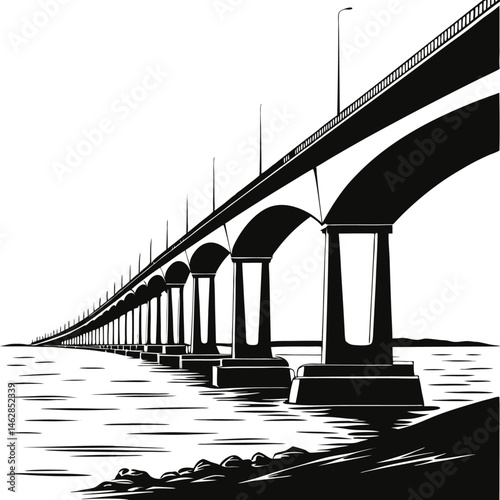 Confederation Bridge is one of the most famous bridges in Canada, black and white, white background, vector Silhouette