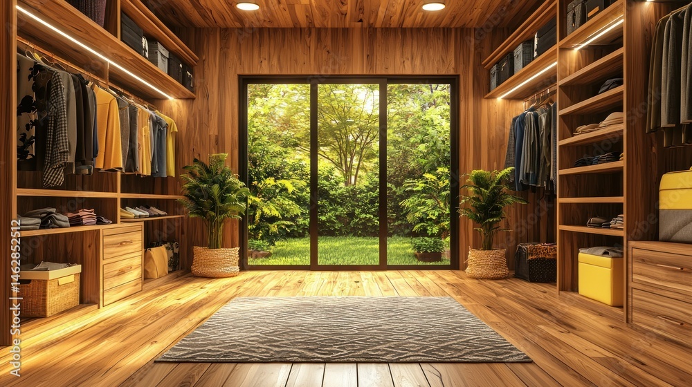 Fototapeta premium Spacious walk-in closet with garden view. Wooden shelving, clothing, and storage