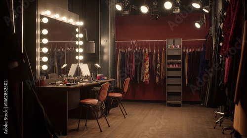 Empty dressing room interior with mirror and costume racks on backstage
