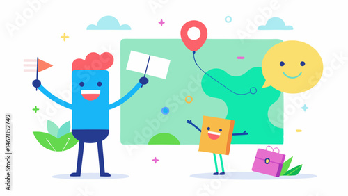 Map Covered in Annotations An excited character stands beside a massive colorful map filled with excessive annotations and doodles. They hold a pencil adding another note while a