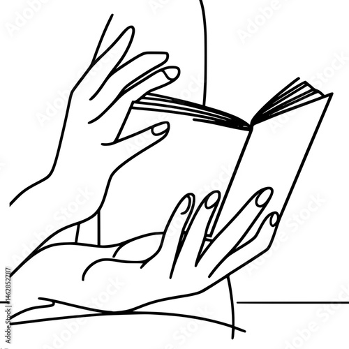 Hands reading a book in minimalist line art style, single line outline vector  