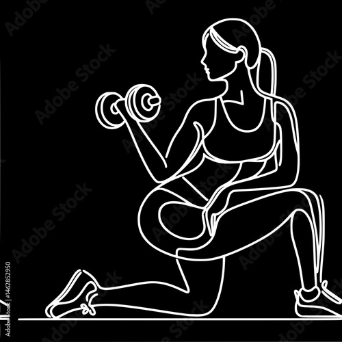 young woman doing exercises with dumbbells standing on her knee on black background, vector outline in one line