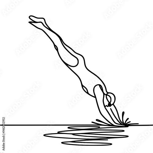 Diver executing a graceful dive into water in a minimalistic style , single line outline vector 