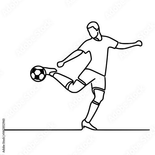 Outline of a soccer player dribbling on the field, one line vector outline
