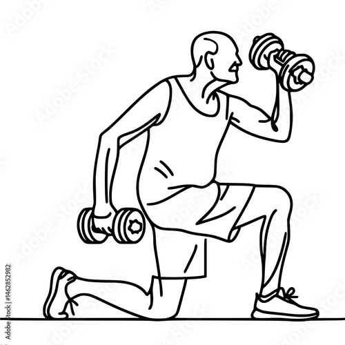Old man training with dumbbells in minimalist style, vector outline of one line