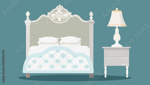 A whitewashed wooden headboard with delicate lace bedding and a weathered nightstand adorned with a vintage lamp.